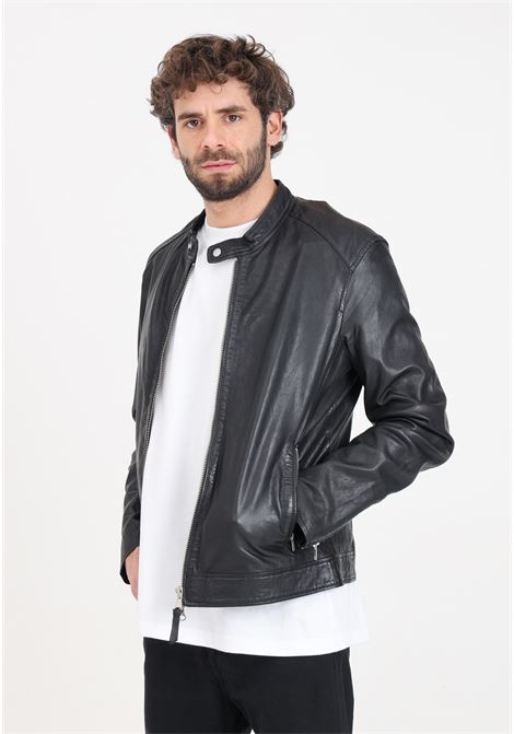 Men's black leather jacket with two-way zip BOMBOOGIE | JMROY-P-LGS490