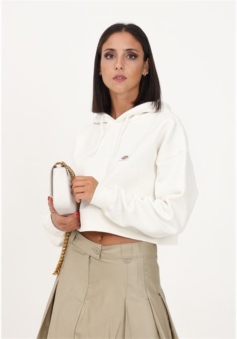 Felpa crop bianca da donna con cappuccio e patch logo DIckies | DK0A4XJTECR1.