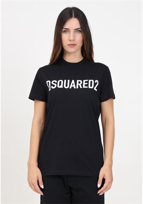 T-shirt a manica corta nera per donna e bambina con maxi stampa logo lettering DSQUARED | DQ1832D0A4CDQ900