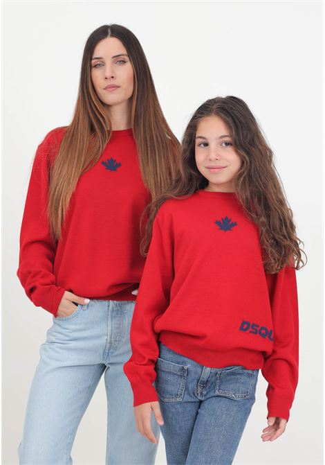 Red crew-neck sweater for women and girls with jacquard logo DSQUARED | DQ2453D003FDQ417