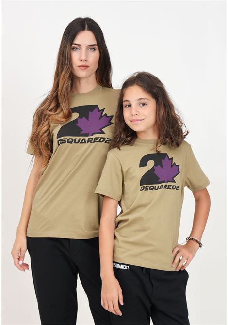 T-shirt a manica corta kaki per donna e bambina con stampa logo DSQUARED | DQ2471D004GDQ719