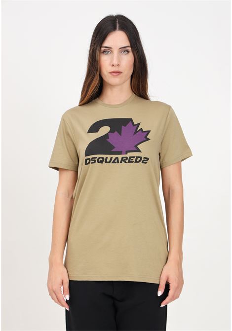 T-shirt a manica corta kaki per donna e bambina con stampa logo DSQUARED | DQ2471D004GDQ719