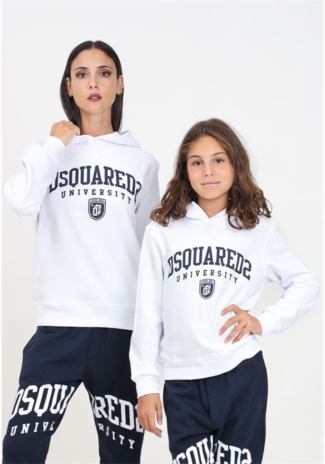 Felpa con cappuccio bianca per donna e bambina rifinita da logo stile college DSQUARED2 | DQ2466D0094DQ100