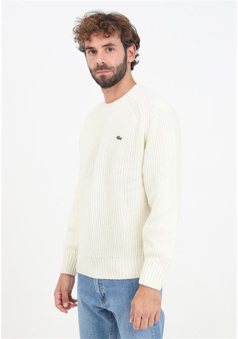 Maglione girocollo panna da uomo con patch logo LACOSTE | AH3142XFJ