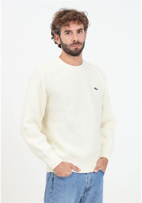 Maglione girocollo panna da uomo con patch logo LACOSTE | AH3142XFJ