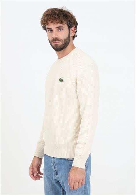 Maglione girocollo panna da uomo con patch logo LACOSTE | AH774270V