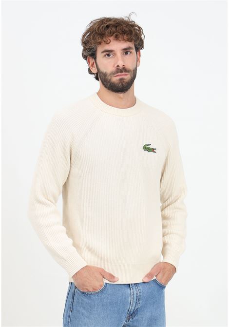 Maglione girocollo panna da uomo con patch logo LACOSTE | AH774270V