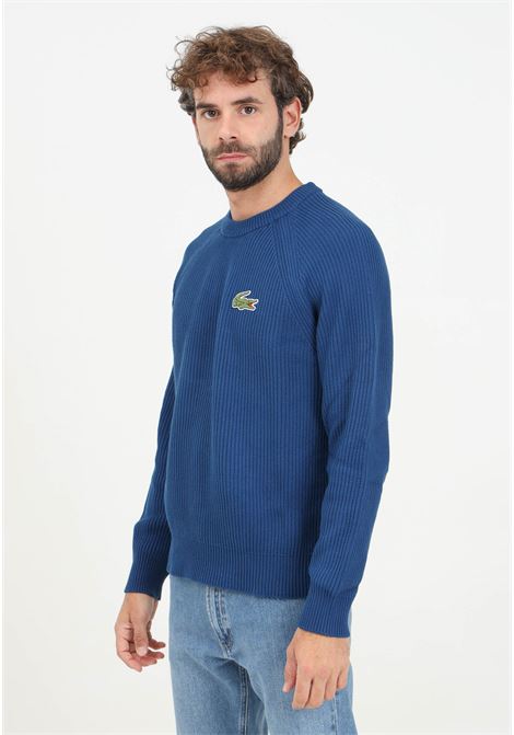 Maglione girocollo blu da uomo con patch logo LACOSTE | AH7742HBM