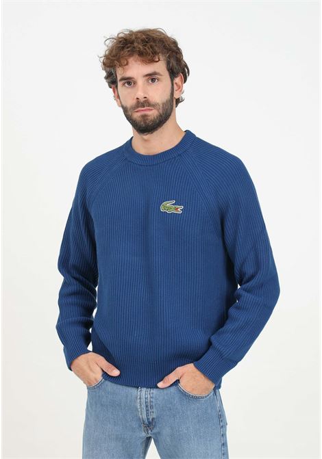 Maglione girocollo blu da uomo con patch logo LACOSTE | AH7742HBM