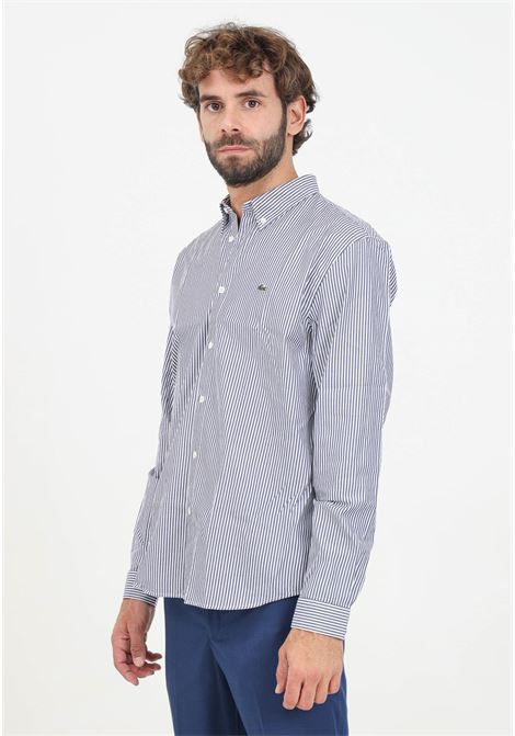 Camicia a manica lunga bianca da uomo con fantasia a righe blu LACOSTE | CH2936522