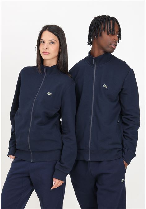 Felpa con zip blu per uomo e donna rifinita da ricamo coccodrillo LACOSTE | SH9622166