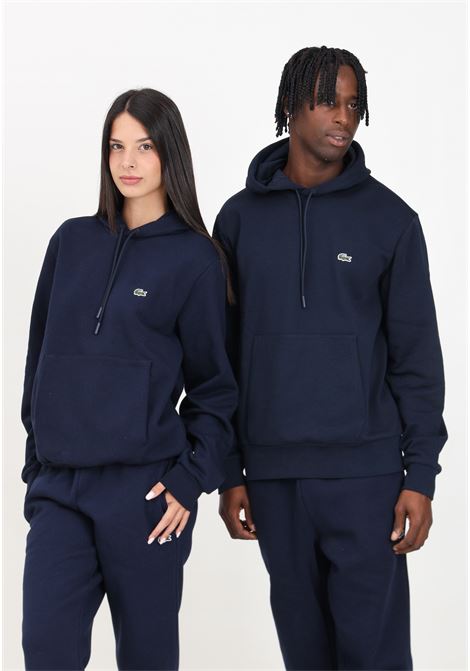 Felpa con cappuccio blu per uomo e donna rifinita con ricamo coccodrillo LACOSTE | SH9623166