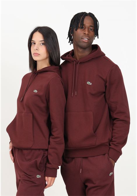 Felpa con cappuccio bordeaux per uomo e donna rifinita con ricamo coccodrillo LACOSTE | SH9623BZD