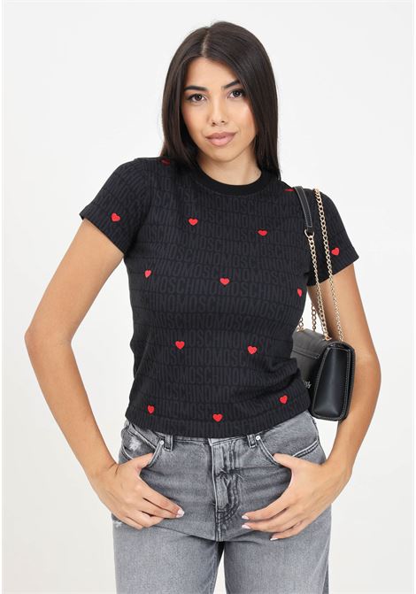 T-shirt a manica corta nera da donna con logo jacquard e ricamo cuori MOSCHINO | 242EM070777452555