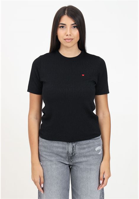 Black short-sleeved T-shirt for women with jacquard logo and heart MOSCHINO | 242EM090377001555