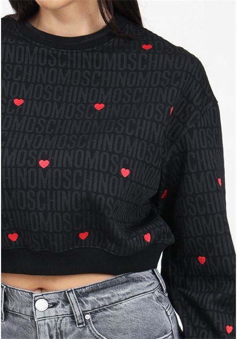 Women's black crewneck sweatshirt with jacquard logo and heart embroidery MOSCHINO | 242EM170777292555