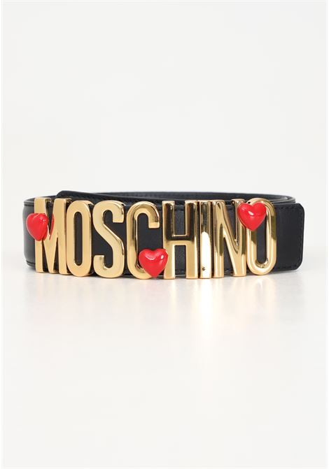 Women's black deer leather belt with logo buckle and hearts MOSCHINO | 242Z2804180026555