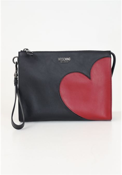 Black clutch bag for men and women with red heart print MOSCHINO | 242Z2841280025555