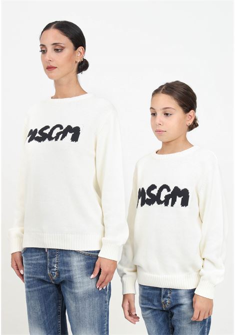 Maglione girocollo panna da donna con ricamo logo a contrasto MSGM | F4MSJUJP075013