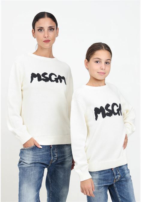 Maglione girocollo panna da donna con ricamo logo a contrasto MSGM | F4MSJUJP075013