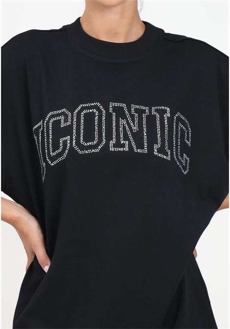 T-shirt a manica corta nera da donna rifinita da frase Iconic in strass ONLY | 15329778Black