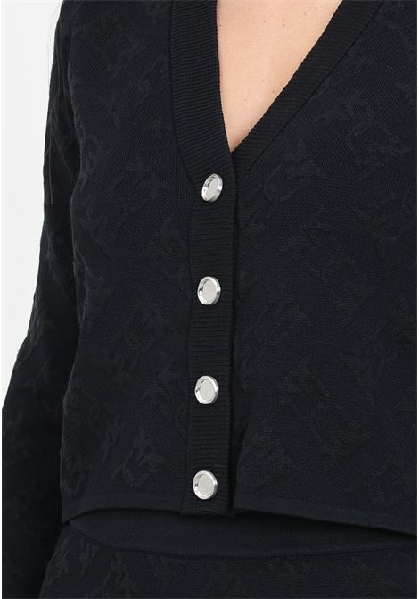 Cardigan nero da donna con trama logo Love Birds tono su tono PINKO | 103971-A21TZ99