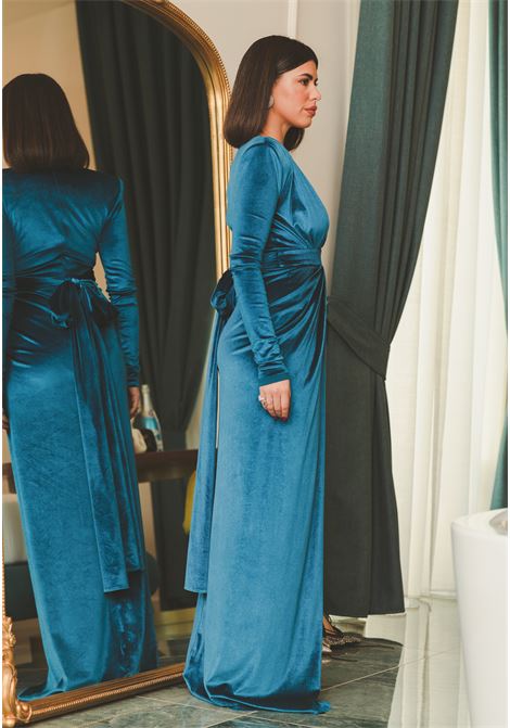 Long women's dress in Petrolio Royal Velvet blue velvet SANTAS | ACINA-VLPETROLIO