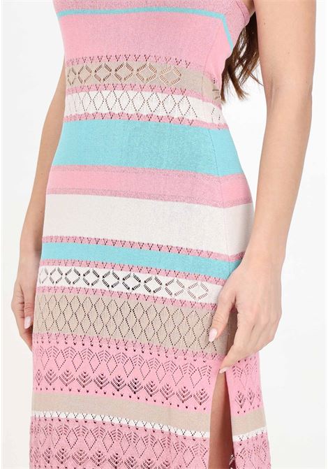 Long striped lace knit dress for women with American neckline AKEP | VSKD05016.