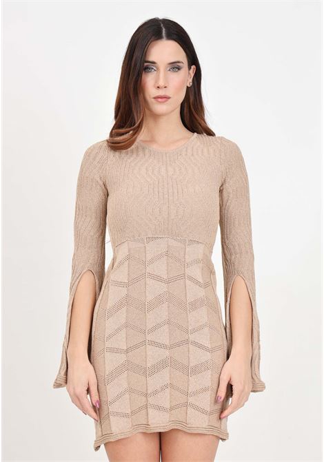 Sand colored women's dress with perforated texture AKEP | VSKD05097SABBIA