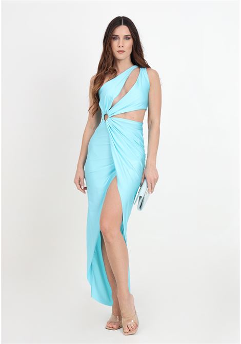 Long light blue women's dress with cut out details and decorative ring AMEN | HMS24505096