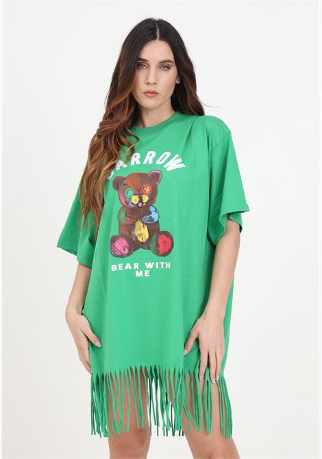 Green women's dress with fringes on the bottom and print on the front BARROW | S4BWWODR100BW012