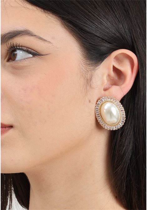 Gold brass earrings for women with pearl and rhinestones DIAMOND | 2965ORO