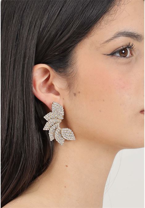 Women's gold brass leaf earrings with oval rhinestone pavé DIAMOND | 3004ORO