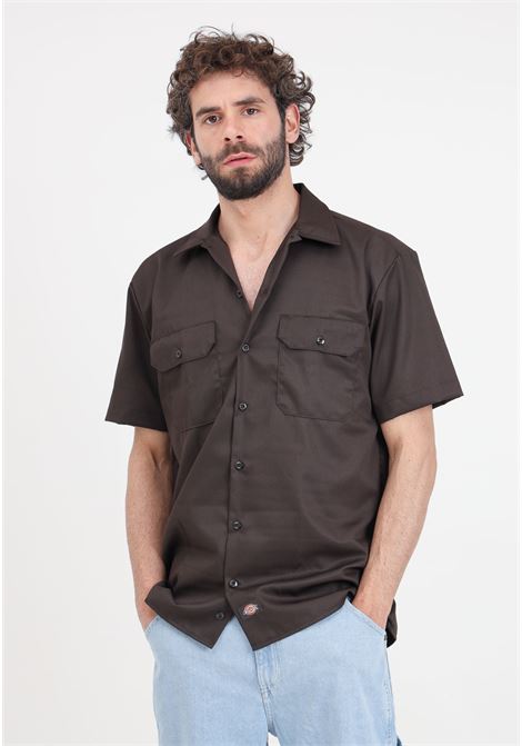 Brown short-sleeved men's shirt with logo label DIckies | DK0A4XK7DBX1DBX1