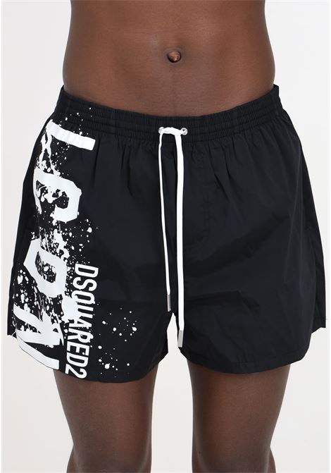 Black men's swim shorts with white paint splash logo print DSQUARED2 | D7B645420010