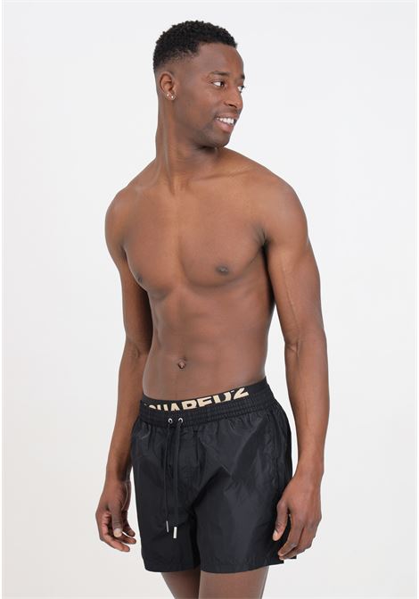 Shorts mare da uomo neri con fascia logata elastica in vita DSQUARED2 | D7B645490001
