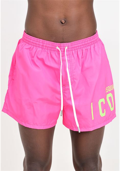 Fluo pink men's swim shorts with neon green logo print DSQUARED2 | D7B8P5380667