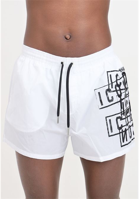 White men's swim shorts with icon and dsquared2 logo print in black DSQUARED2 | D7B8P5400110
