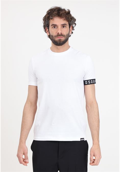 White men's t-shirt with logoed elastic sleeve hem DSQUARED2 | D9M3S5400110
