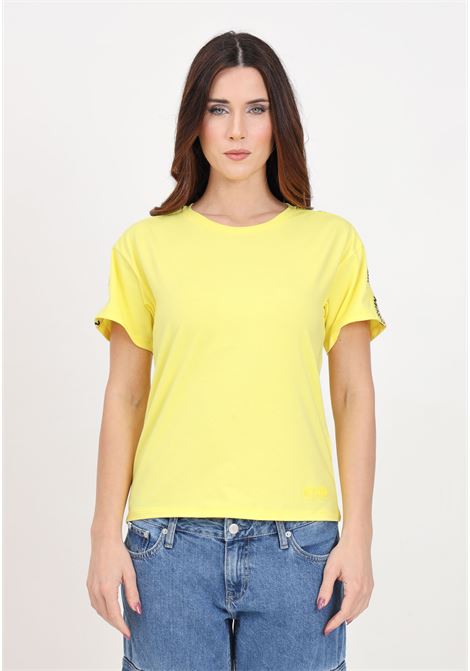 T-shirt donna gialla con nastro logato con riga rosa e logo in gomma MOSCHINO | A070444060022