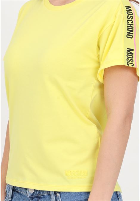 Yellow women's t-shirt with logo tape with pink stripe and rubber logo MOSCHINO | A070444060022
