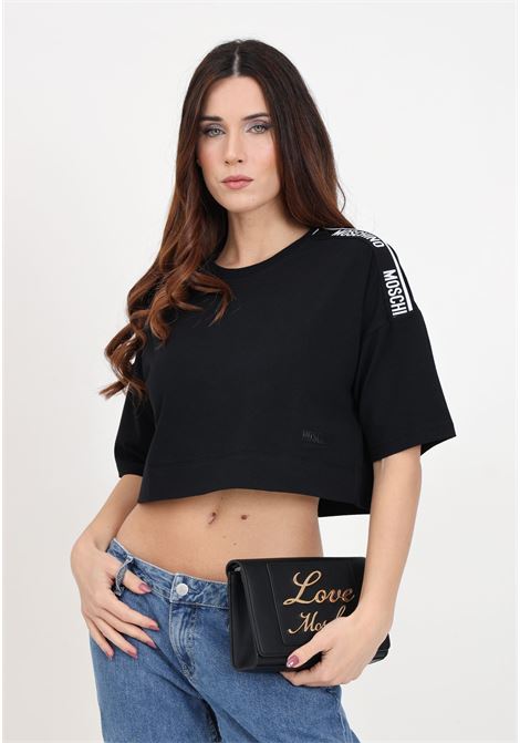 T-shirt donna nera con nastro logato e logo in gomma MOSCHINO | A071544060555