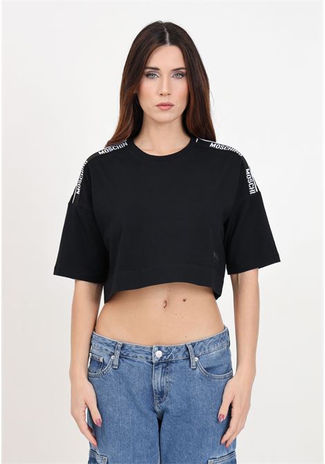 T-shirt donna nera con nastro logato e logo in gomma MOSCHINO | A071544060555