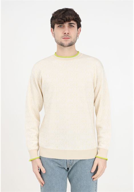 Beige crew-neck men's sweater with all-over green logo stripe MOSCHINO | A090626001006
