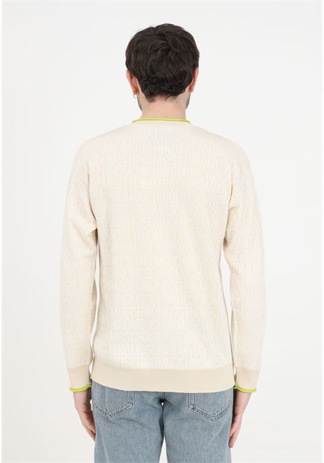 Beige crew-neck men's sweater with all-over green logo stripe MOSCHINO | A090626001006