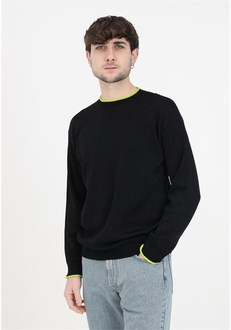 Black crew-neck men's sweater with all-over green logo stripe MOSCHINO | A090626001555