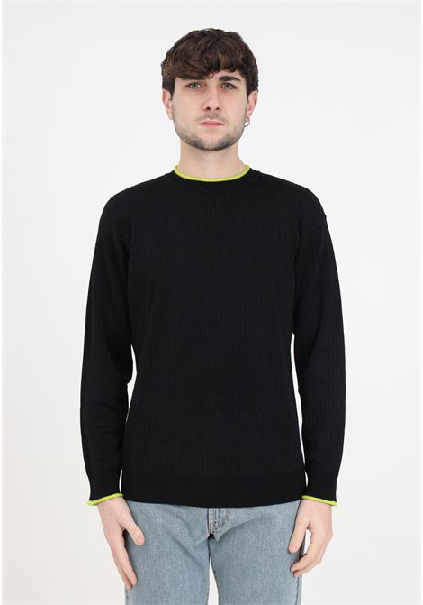 Black crew-neck men's sweater with all-over green logo stripe MOSCHINO | A090626001555