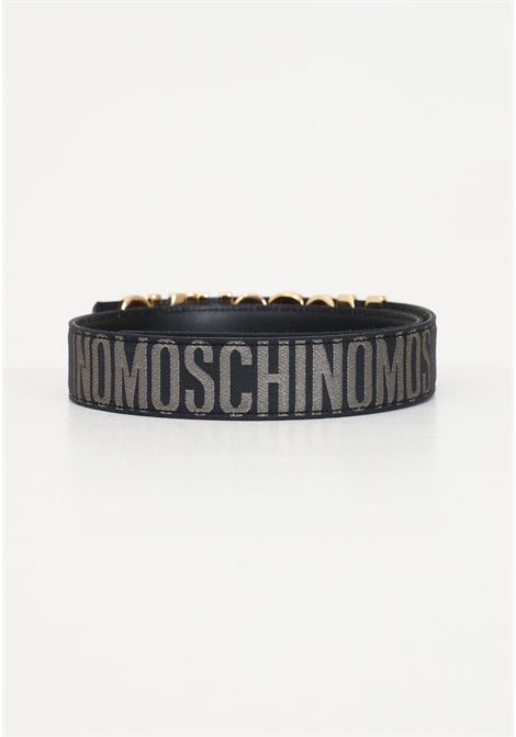 Black women's belt with black base with all over gold lettering logo MOSCHINO | A801082692555