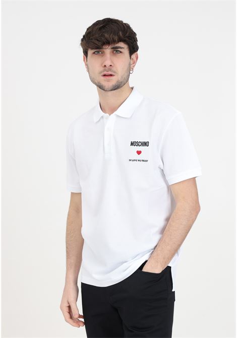 White men's polo shirt with in love we trust logo MOSCHINO | J160202421001