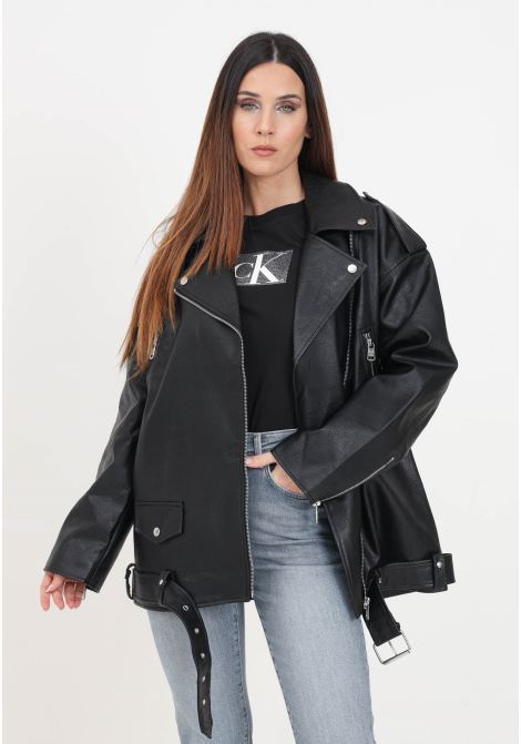 Oversized women's black leather jacket with pockets ONLY | 15310968Black